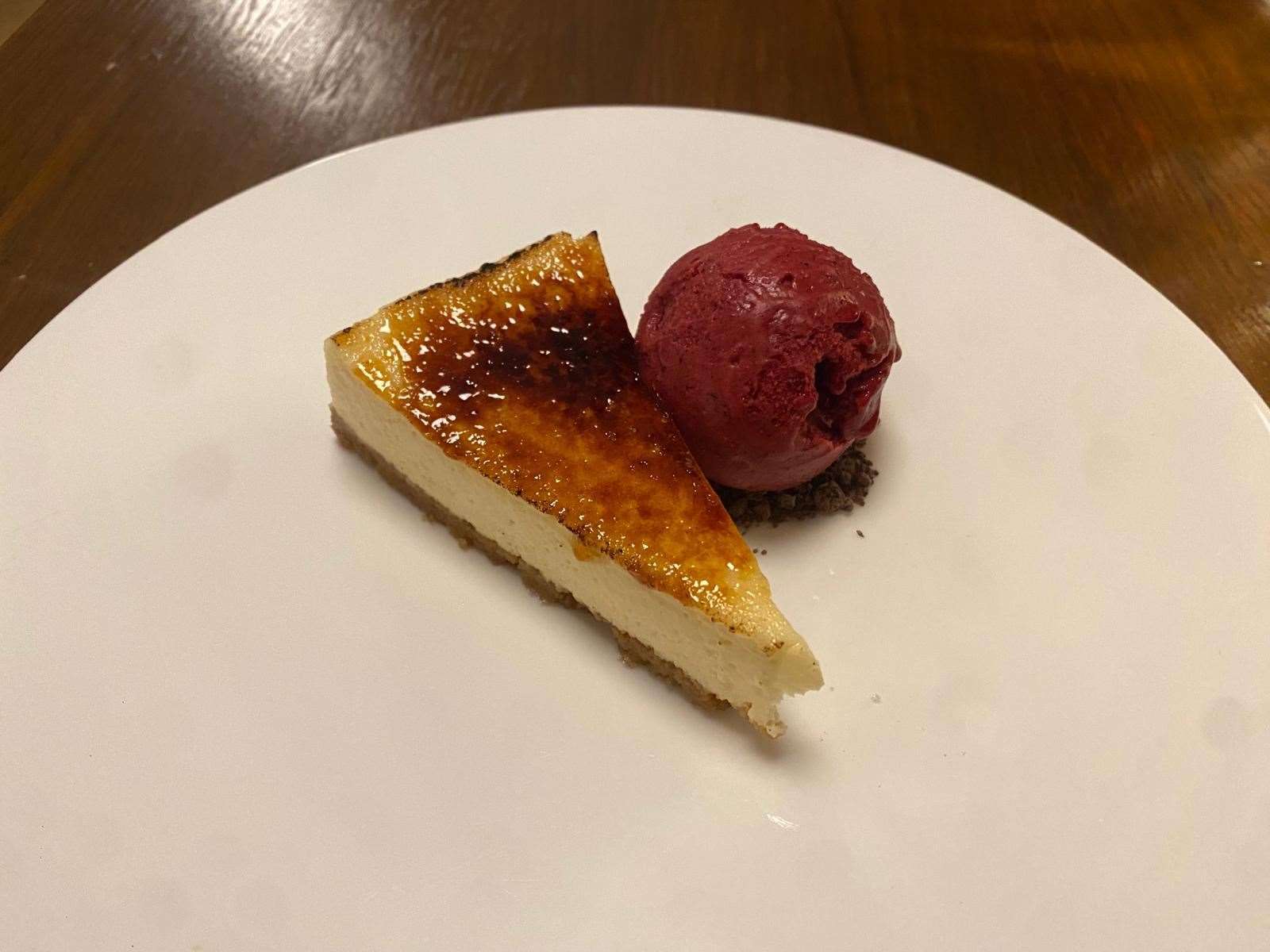 Crème brûlée cheesecake with cassis sorbet (£9)
