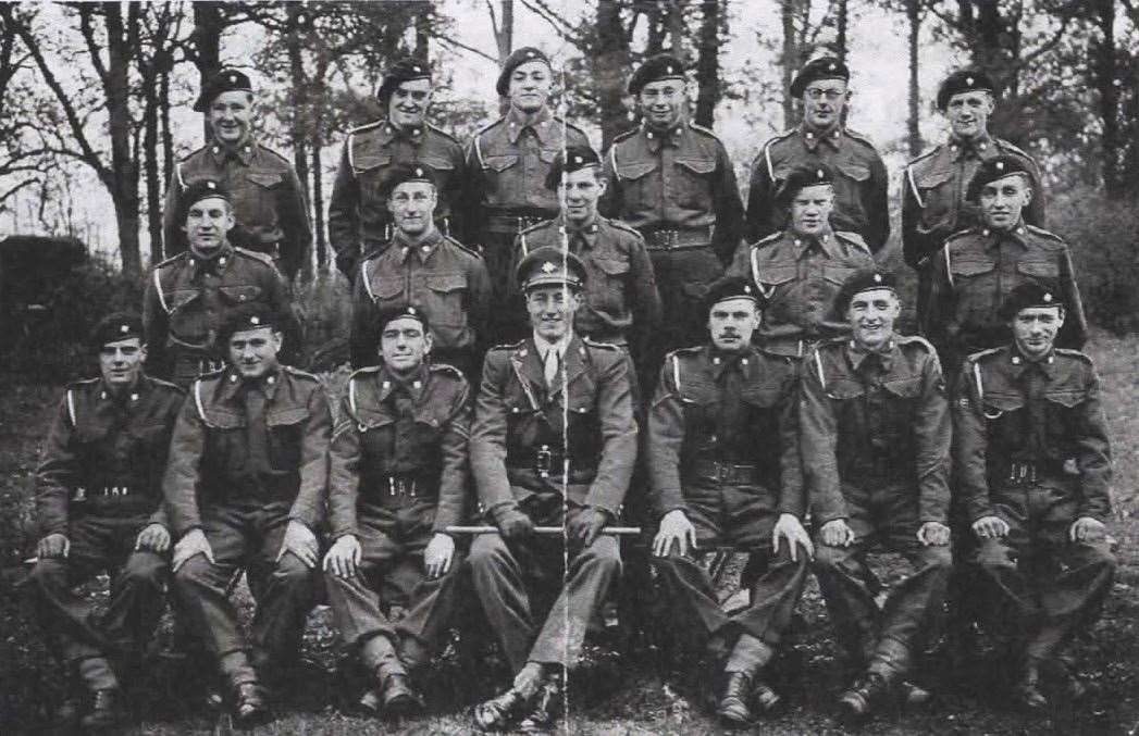 The 4th/7th Royal Dragoon Guards at Heveningham Camp, Suffolk in 1943. Cecil Newton, middle row, far right