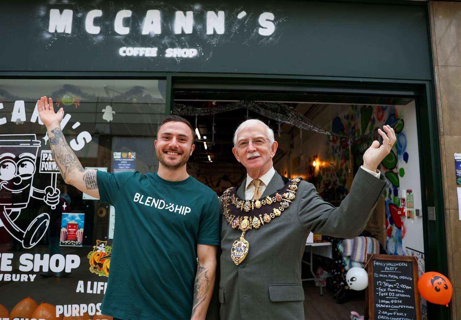 Shop founder Max McCann with mayor of Newbury Andy Moore