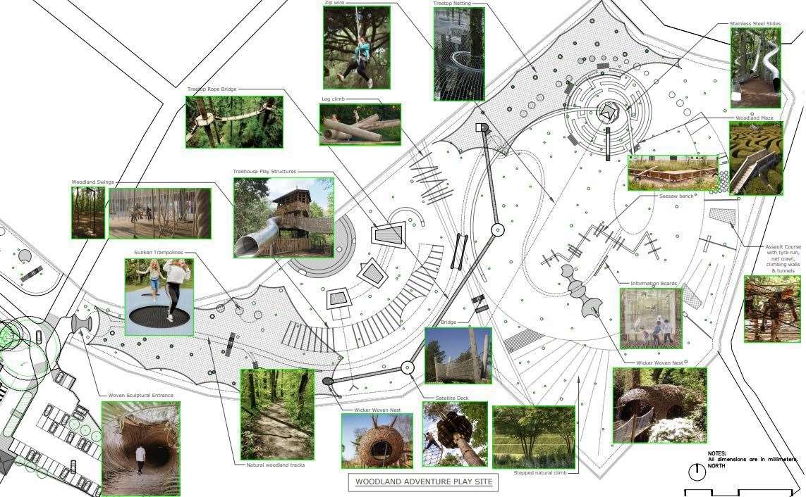 The plans for the outdoor recreational facility include several attractions, including treehouse play structures, sunken trampolines, swings, a zip wire, stainless steel slides and a woodland maze, among other things