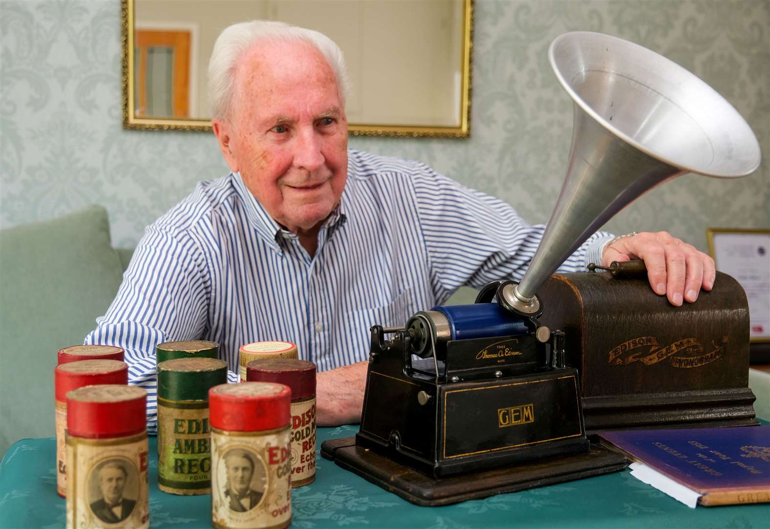 Peter Boyce with his antique phonograph which was fixed at Newbury and Thatcham Repair Café