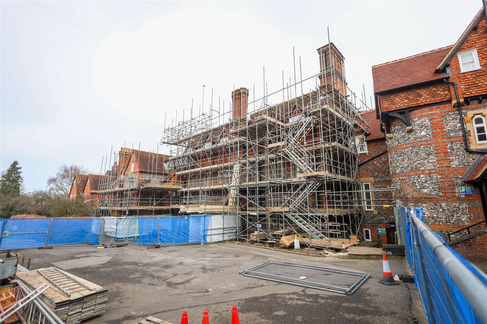 Roof replacement work being carried out on a boarding house at Bradfield College
