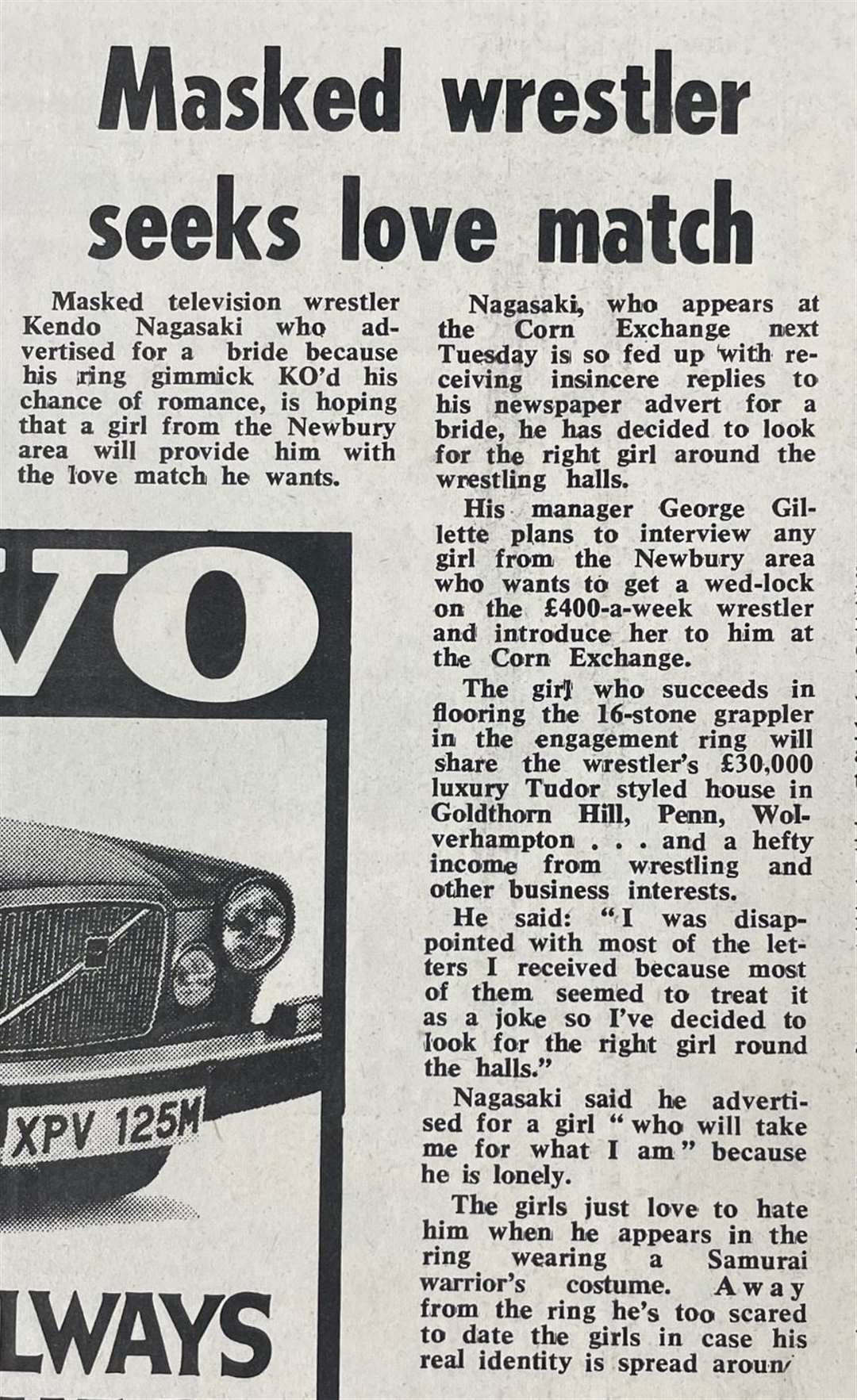 Legendary British wrestler Kendo Nagasaki visited Newbury's Corn Exchange in 1974