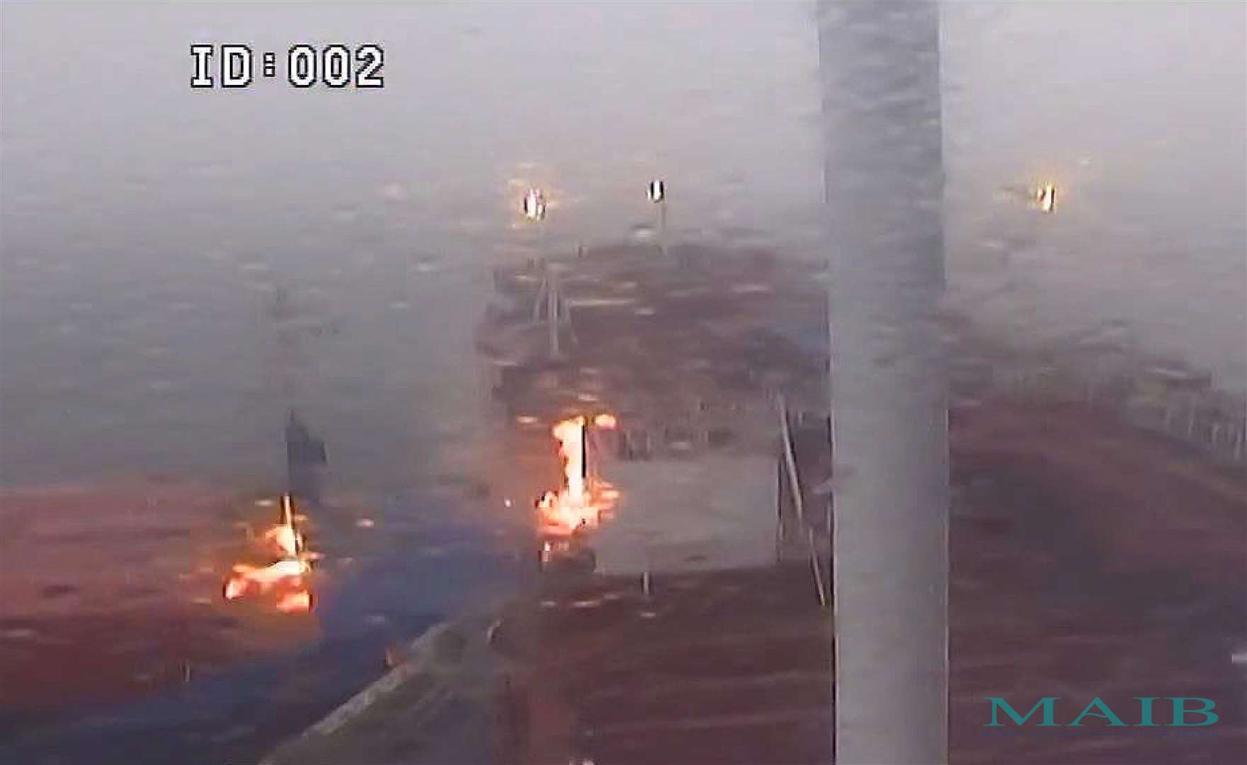 Handout photo issued by the Department of Transport of a CCTV image taken from the Stena Immaculate showing the fire igniting as the container ship Solong collides with the vessel (Crowley Government Services/PA)