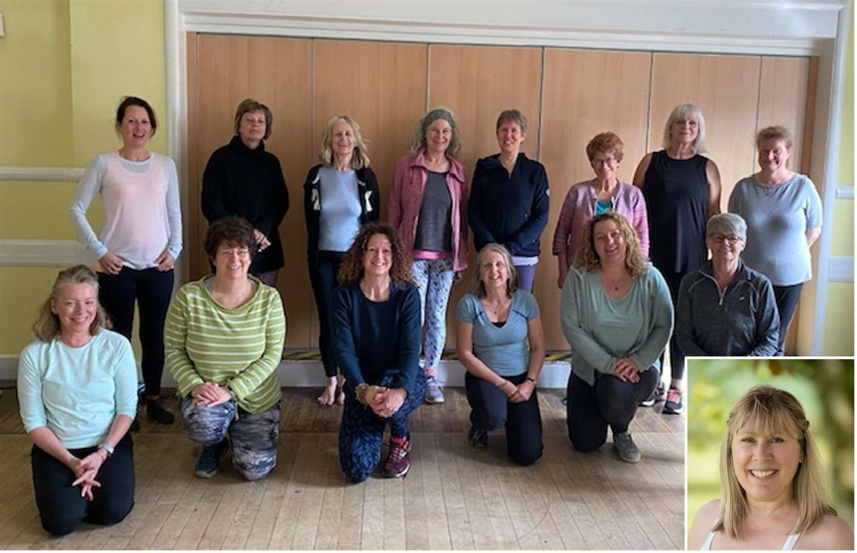 The group of lwomen who attended the yoga for Ukraine session in Stockcross, top row: Sue Angliss, Sarah Evans, Rachel Harries, Jenny Carter, Murrie Walker, Lindsay Summerfield, Rosie Erahdun, bottom row: Tracy Orpin, Jo Leicester, Claire Sutton, Claire Millsom, Tsveta Krusteva, Susan Whiting, inset: Beth Trotter, who ran the session