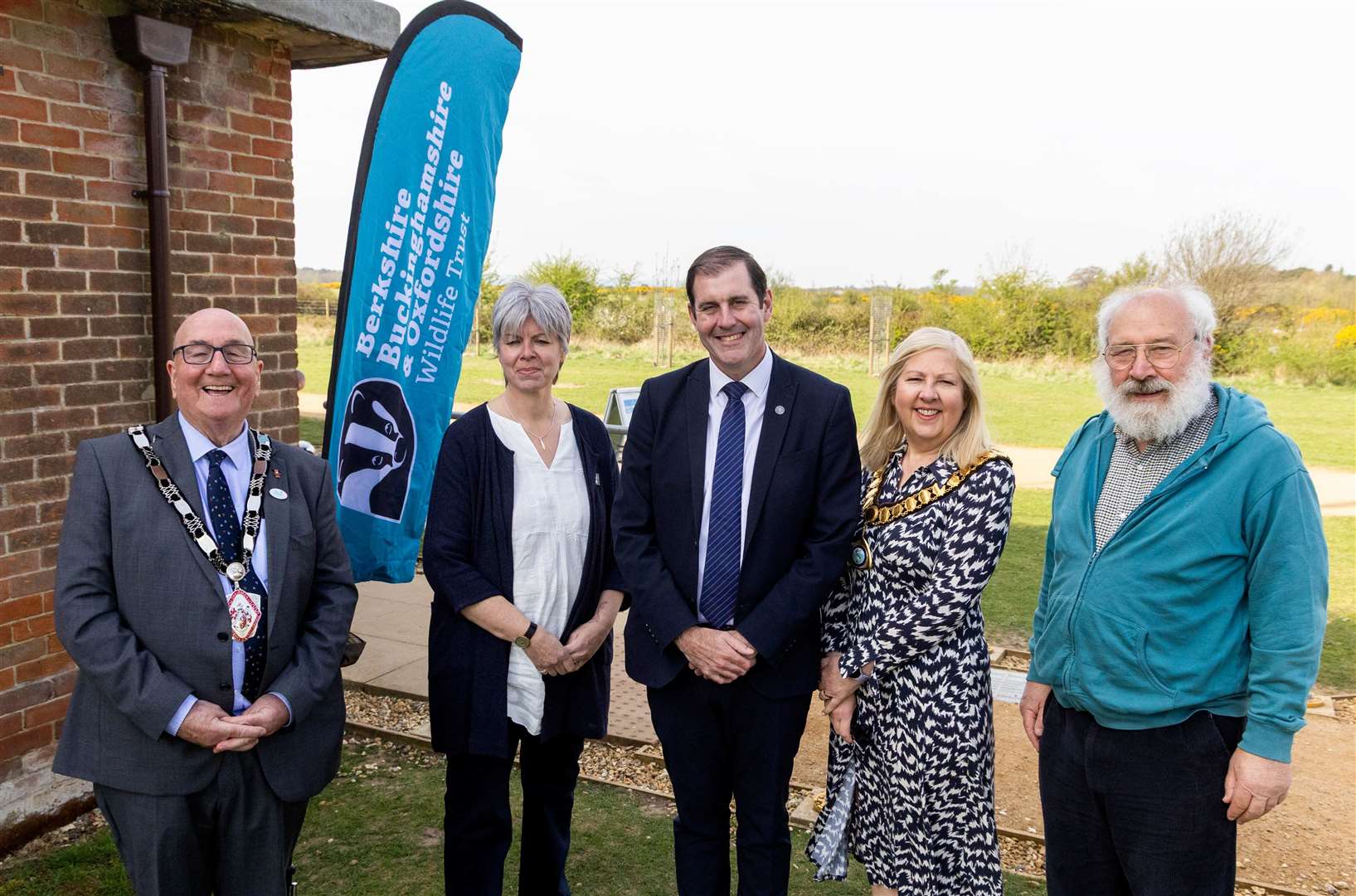 Chairman of West Berkshire Council Billy Drummond, Chief Executive of BBOWT Estelle Bailey, Newbury MP Lee Dillon, Mayor of Thatcham Suzanne Adamantos and Ken Neal