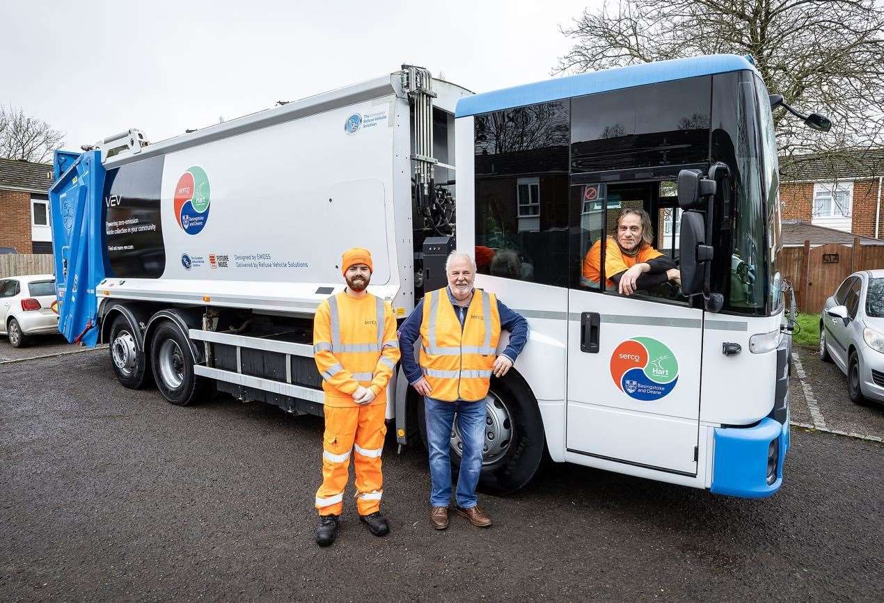 Councillor Chris Tomblin with some of the crew trialling the zero-emission bin truck that is taking to the streets across Basingstoke and Deane as part of a six-week pilot scheme