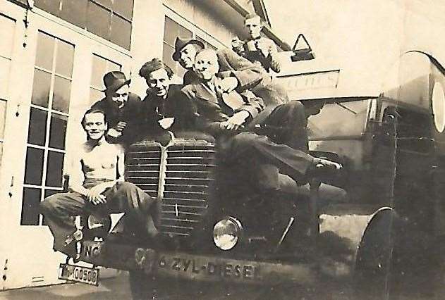 Mirek and his compatriots at the garage they worked in Saalfeld. Photography was prohibited. The experiences of labourers varied. More skilled, respected workers were treated better and if they worked hard and kept their heads down, they had a stronger chance of survival — and time for a laugh. They were entirely at the mercy of their employer.