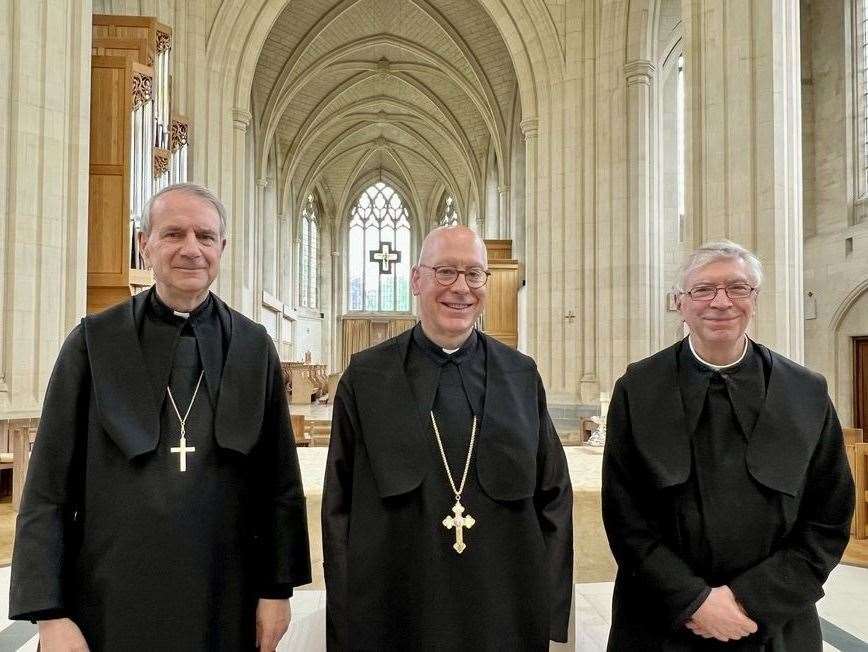From left to right: Abbot president Christopher Jamison, the new Abbot of Douai Abbey, Paul Gunter, and Abbot Emeritus Geoffrey, credit: Hugh Somerville Knapman (56689769)