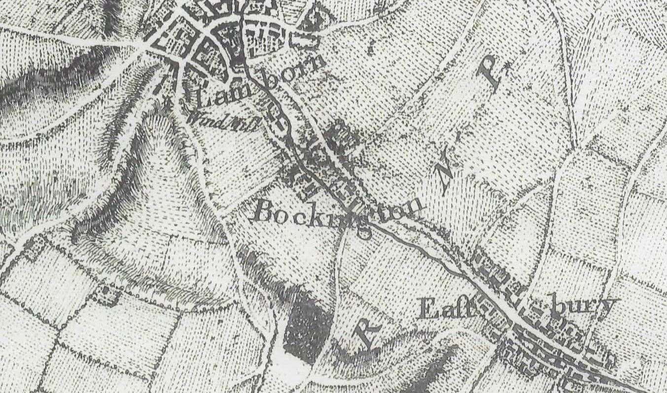 Rocque's map of Berkshire shows 'Bockington' in 1761, between Lambourn and Eastbury