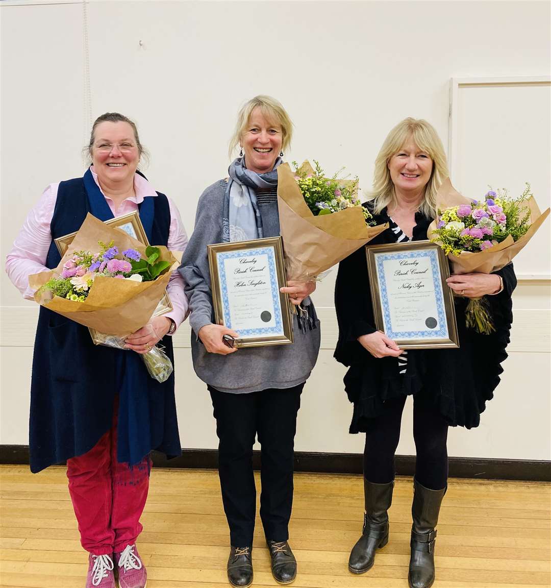 Sarah Hutchison, Helen Singleton and Nicky Ager with their awards at Chieveley Parish Council's annual parish meeting on Tuesday, April 12