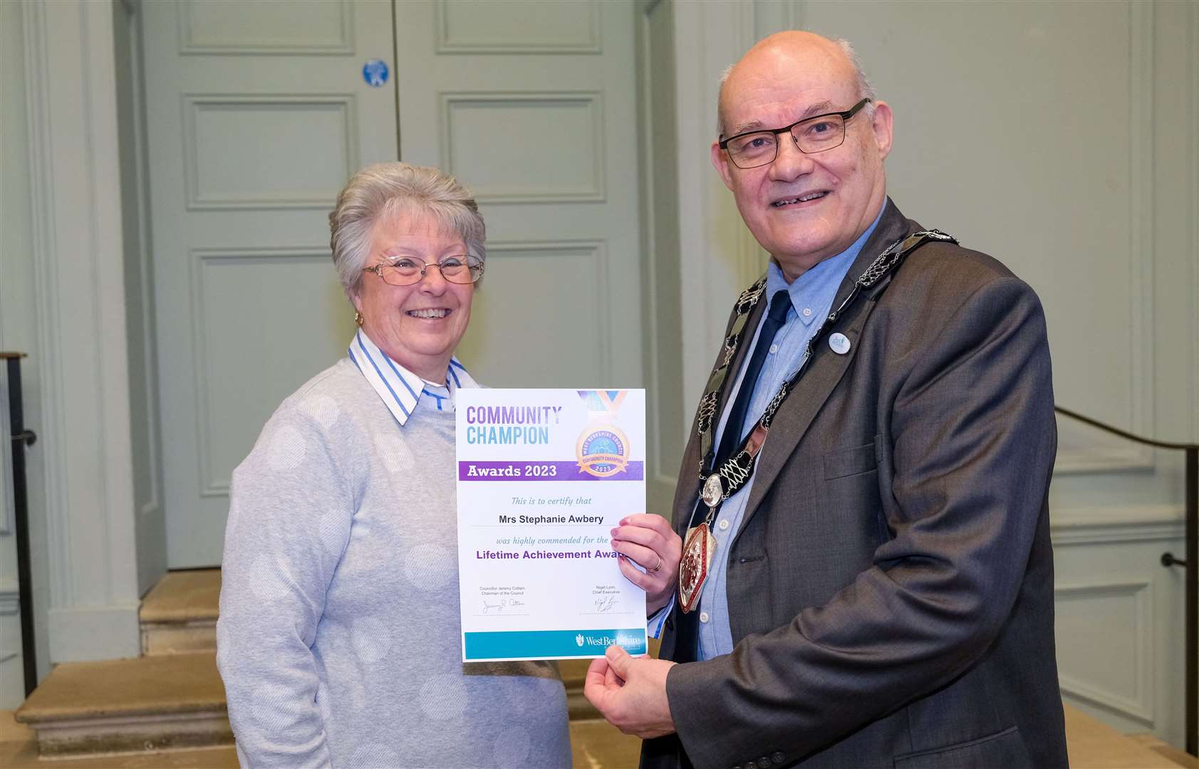Highly commended for the Lifetime Achievement Award Stephanie Awbery and chairman of West Berkshire Council Jeremy Cottam