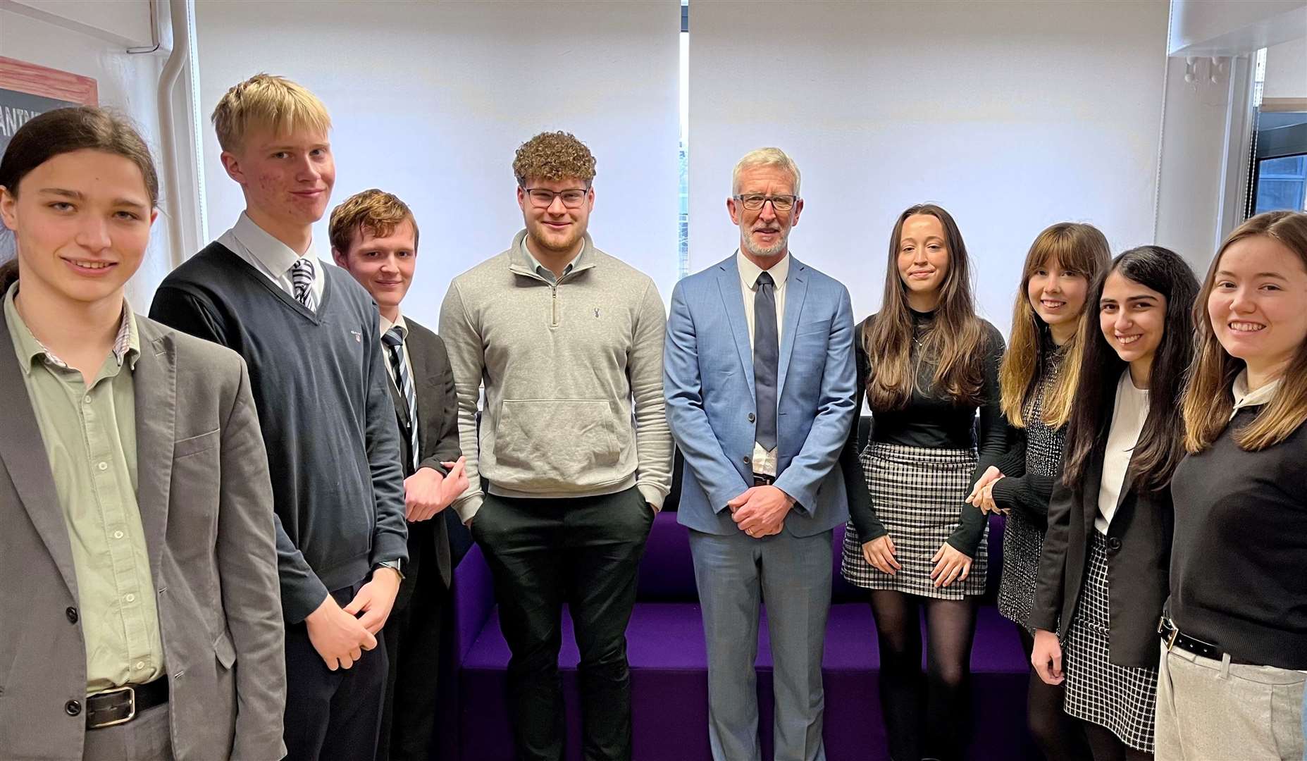 Year 13 leavers: Sam Arnold, Jake Peto, Sam Herman, Henry Field, Headteacher Chris Prosser, Alexandra Rogers, Alexandra Jarrett, Maya Noonan and Ellen Bentley