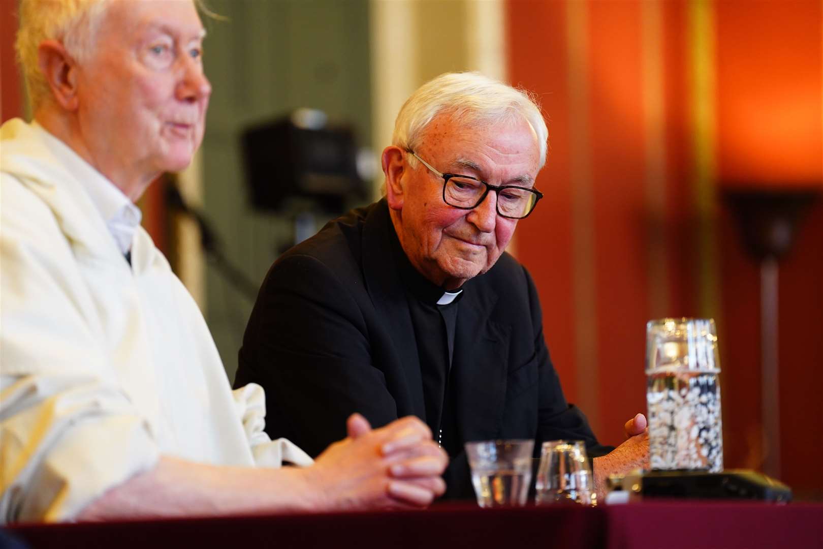 Cardinal Timothy Radcliffe (left) and Cardinal Vincent Nichols during a press conference in the Throne Room of Archbishop’s House, central London, on Monday (James Manning/PA)