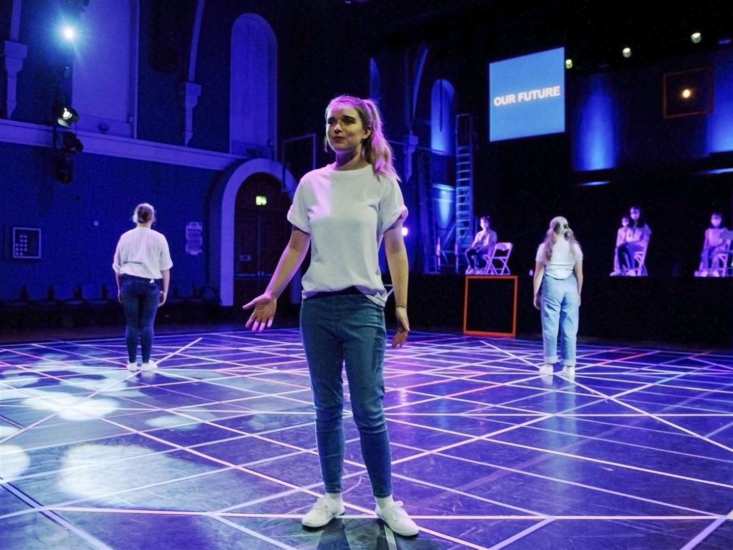 Members of the Berkshire Youth theatre perform 'Unlocked and Unbolted' at the Corn Exchange Theatre Newbury, Friday September 4, 2020. Written and directed by Bryn Holding, based on a series of conversations with young people about the Covid-19 pandemic, 11 young performers aged 16 - 18 reopen the Corn Exchange with this brand new, physically distanced performance. Photograph : Luke MacGregor (47416235)