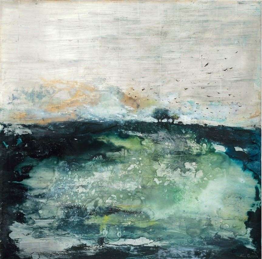 Alice Cescatti, Home of the Brave Land of the Crows. 100x100cm, acid etched silver leaf panel