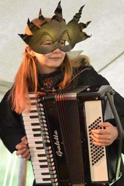 Boxford Masques Mia Pitts plays her eerie accordion, picture Kit Morris