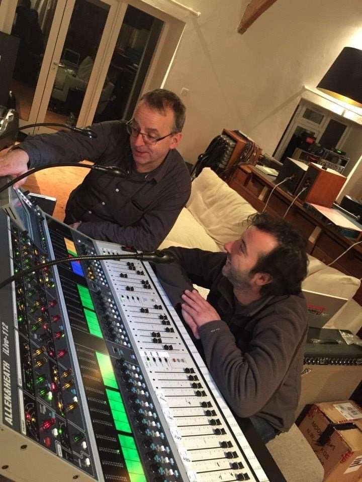 Mick at a mixing desk, tour managing musician, singer and songwriter Philip Selway, best known as Radiohead’s drummer, with sound engineer Gavin McComb. Taken at rehearsals at Radiohead’s studio
