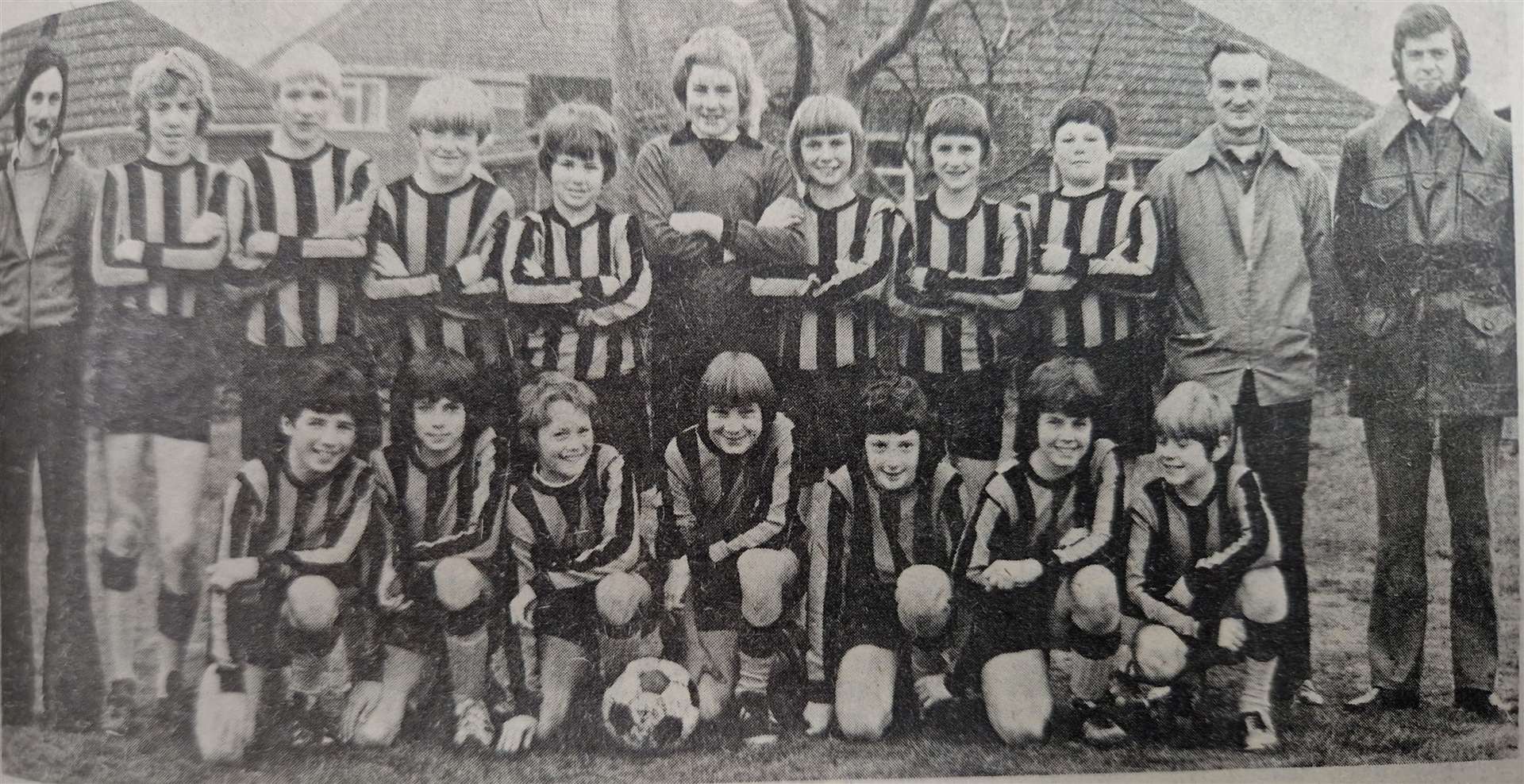 Thatcham Tornadoes under-13s won the Basingstoke Boys Sunday League Division 1 and the League Cup in 1975. They played 20 matches in all, were undefeated and scored 226 goals with only 19 against. Back row (left to right): T Wimbush (manager), Blackshaw, D Thomas, A Morgan, N Birrell, C Edens, L Hunt, P Saville, N Warrick, J Thomas (ex-manager), S Money (ex-manager). Front: J Stirland, K Fisher, M Gabriel, G Gourlay, D Rosier, M Whiften, P Chadwick.