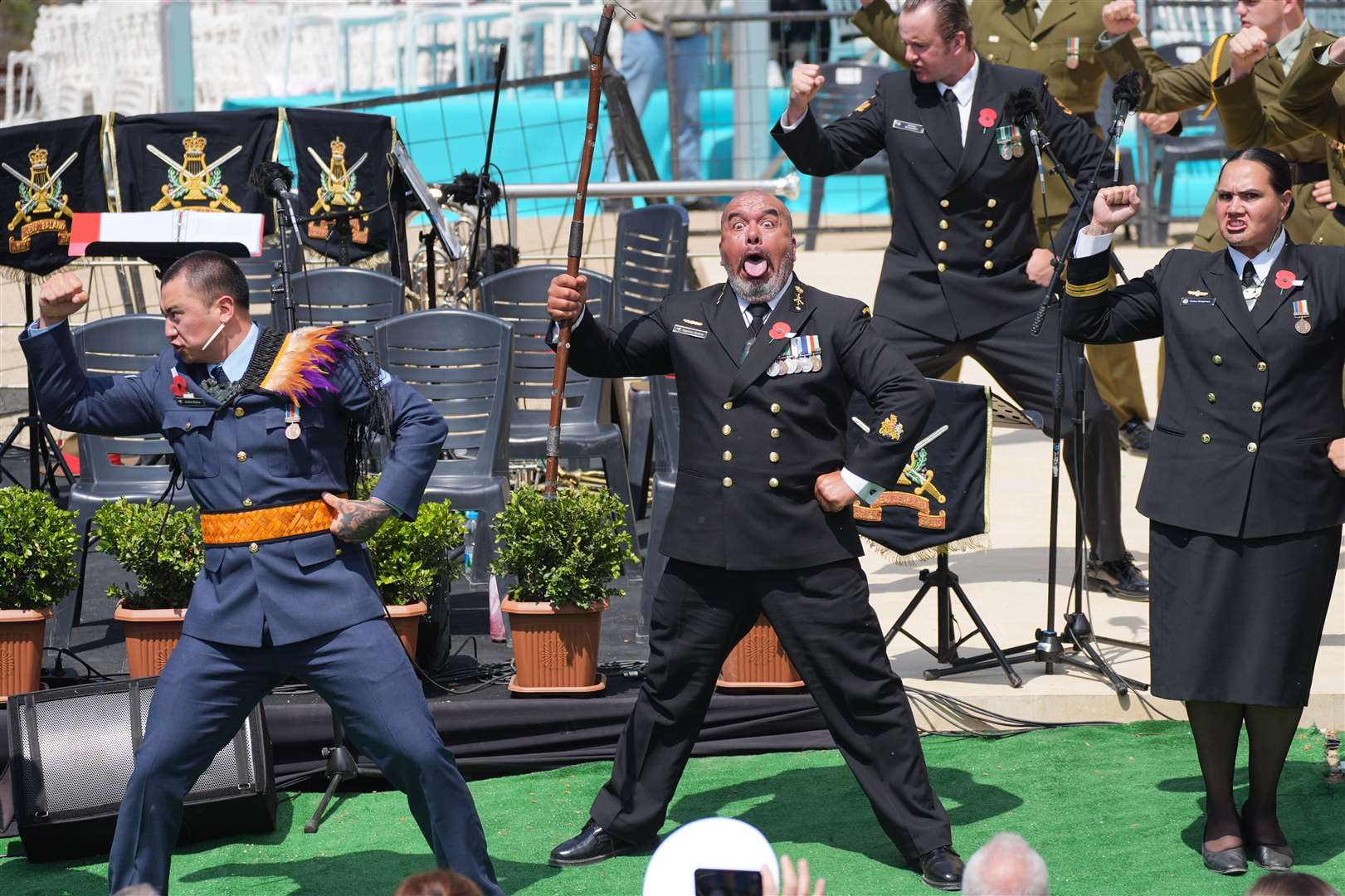 A haka is performed during the New Zealand Memorial service attended by the Princess Royal, at Chunuk Bair Cemetery on the Gallipoli Peninsula in front of Princess Anne. (Yui Mok/PA)