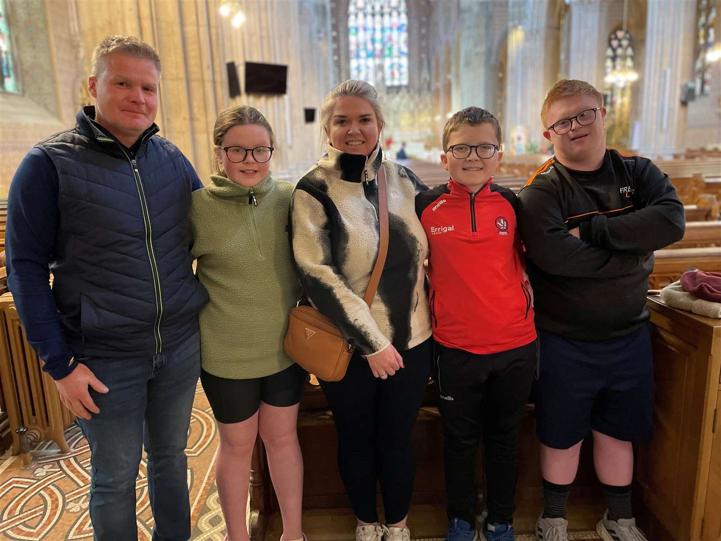 Barry O’Neill, Clara O’Neill, Claire O’Neill, Ben Og O’Neill and Conan McGerr at St Patrick’s Cathedral in Armagh (David Young/PA).