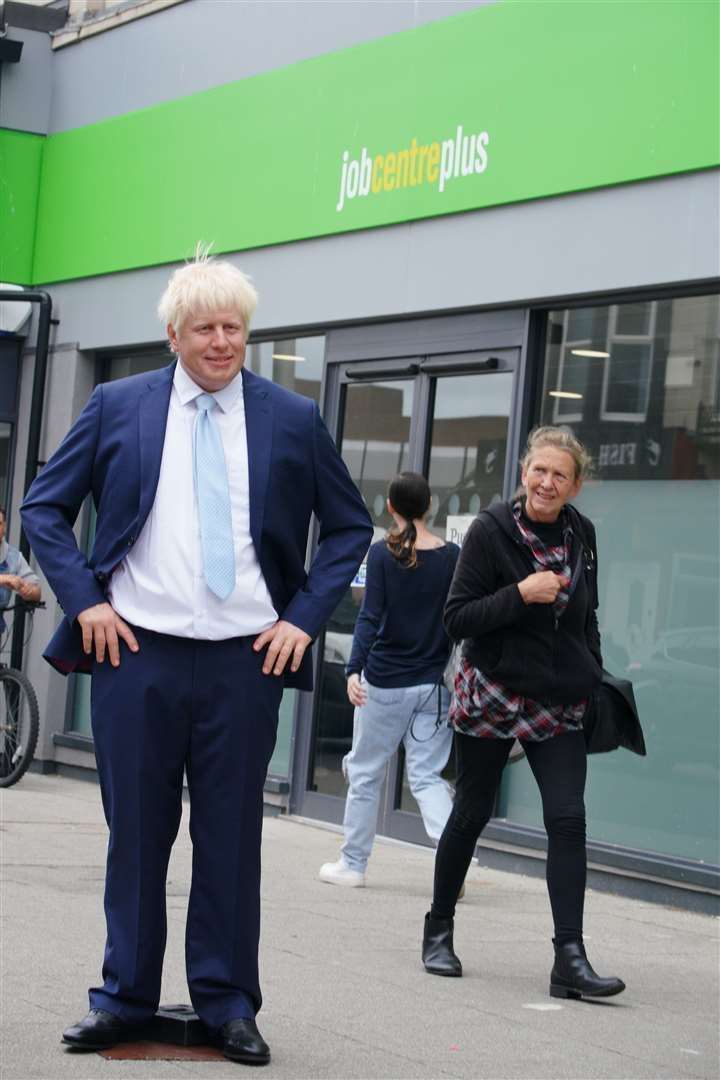 A wax figure of Boris Johnson outside the Jobcentre Plus in Blackpool (Peter Byrne/PA) (61573884)