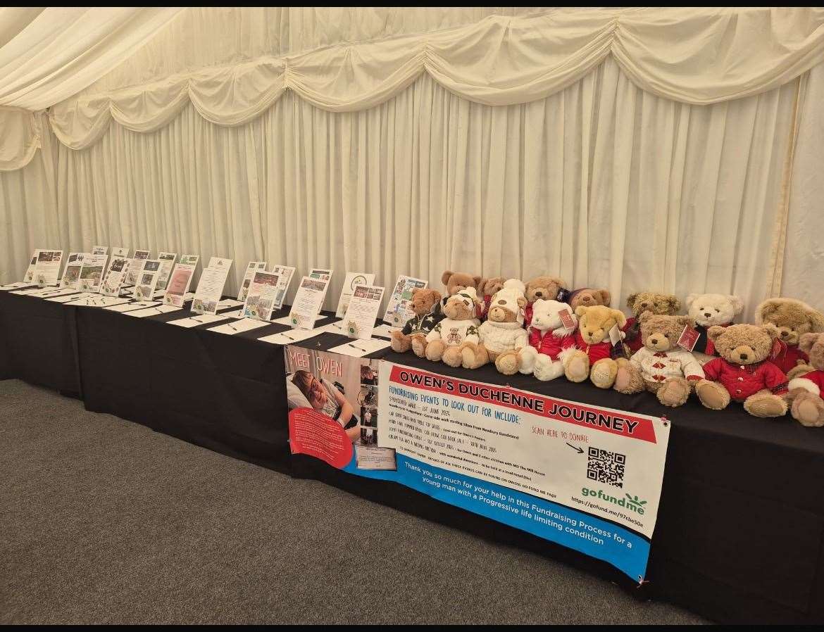 Some of the Harris teddy bears and auction prizes on offer at the fundraising afternoon tea held in aid of Owen Murray. His family want to raise £30,000 to adapt his home
