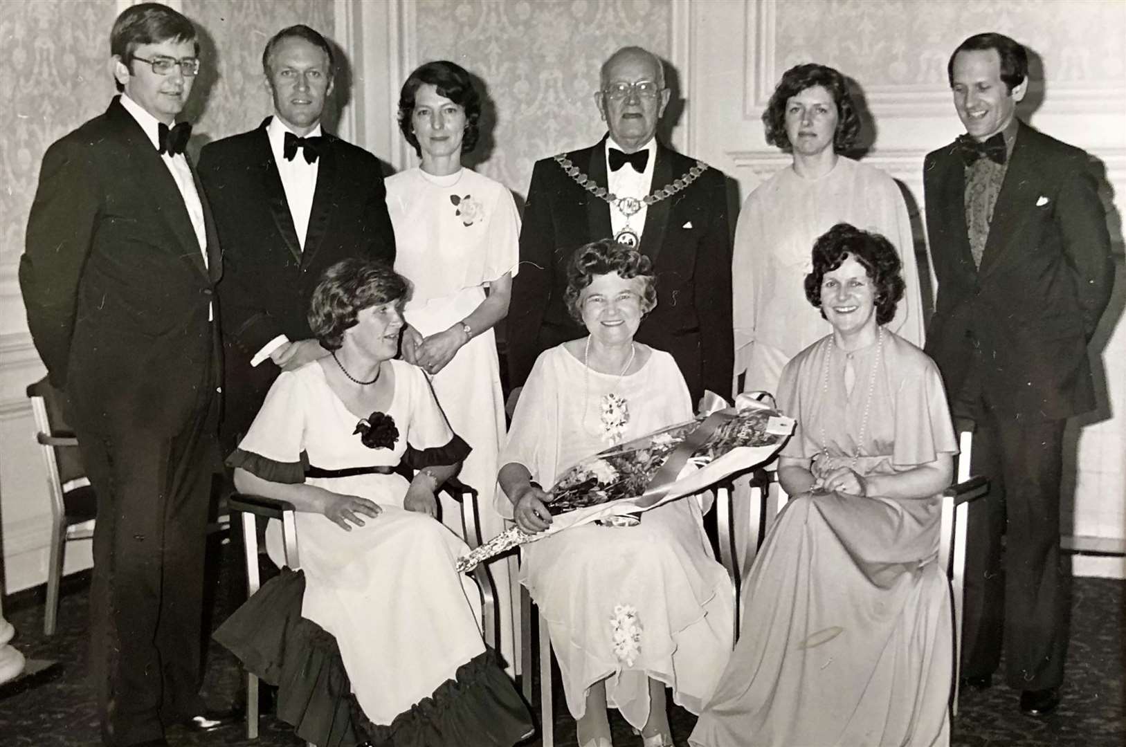 ﻿From top left: Dennis Clarke, Robert Stradling, Carol Stradling, Henry Stradling, Doreen Stradling and Philip Stradling. From bottom left: Ann Clarke, Phylis Stradling and Pat Grover. At the Federation of Master Builders National Banquet and Ball in Peebles, Scotland in 1978. John Grover could not attend as he had to milk the cows back on the farm.