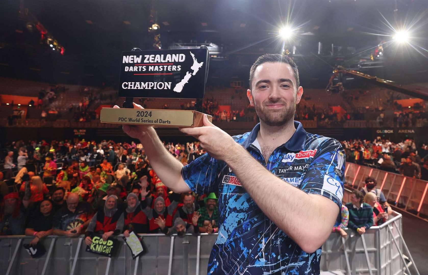 Luke Humphries wins the NZ Darts Masters. PDC World Series of Darts - New Zealand Darts Masters at Globox Arena, Hamilton on Saturday August 17 2024 Photo credit: Stephen Parker / www.photosport.nz