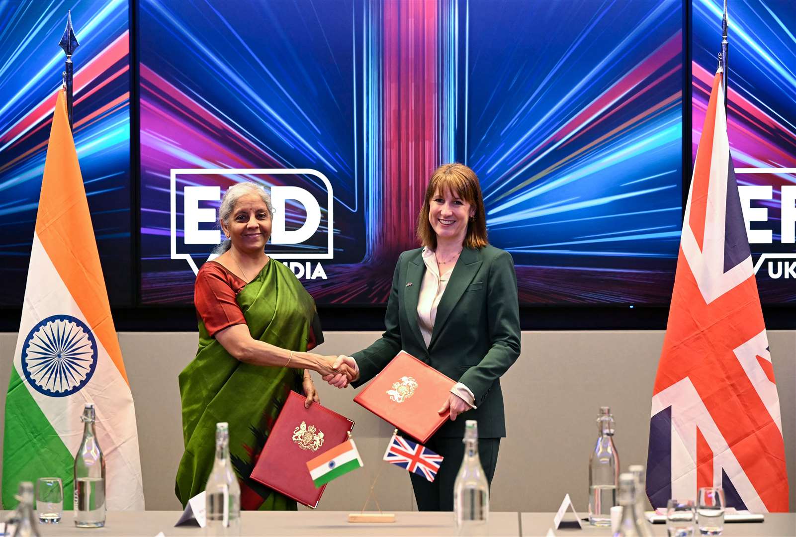 Chancellor Rachel Reeves shakes hands with finance minister of India Nirmala Sitharaman following the 13th UK-India Economic and Financial Dialogue at the London Stock Exchange Group (Justin Tallis/PA)