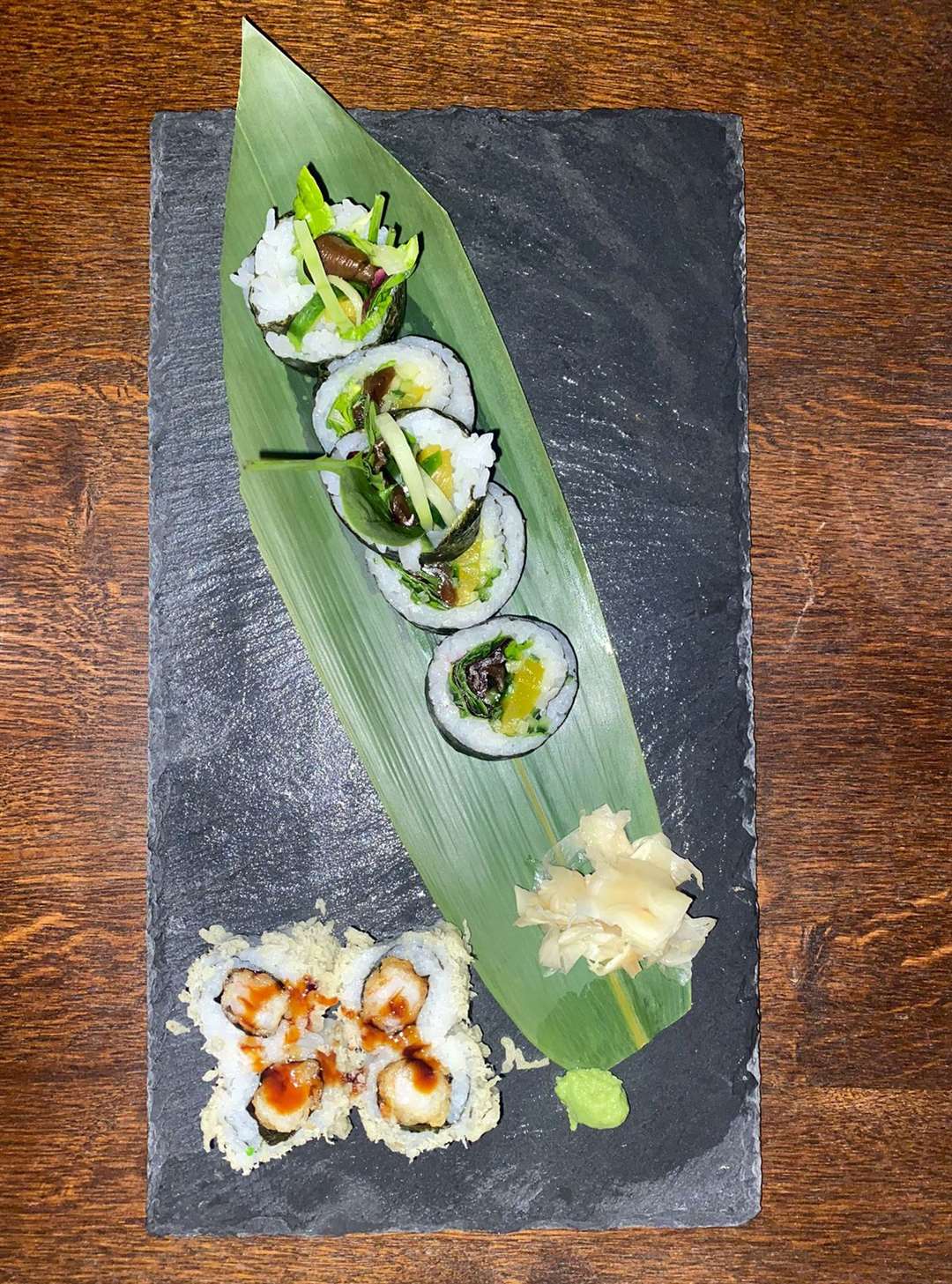 Garden rolls (mixed leaves, sweet tofu and Japanese pickled radish, £8) and prawn rolls (tempura prawn, teriyaki and sesame seeds, rolled with tempura flakes, £6)