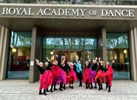 The performing Silver Swans and their teacher, Sonia, outside the RAD HQ