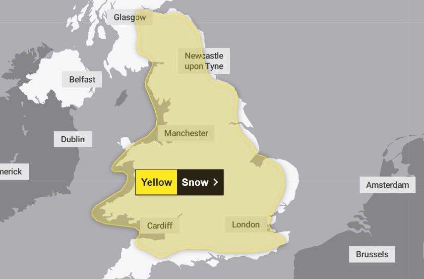 A yellow weather warning for heavy snow has been issued for the weekend. Source: Met Office