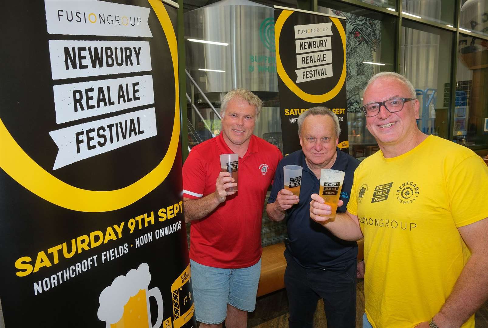 Launch of Newbury Beer Festival – Vinnie Butler from Newbury and Thatcham Hockey Club, Paul Owen from Sport in Mind and Dave Whittingham from Fusion Group