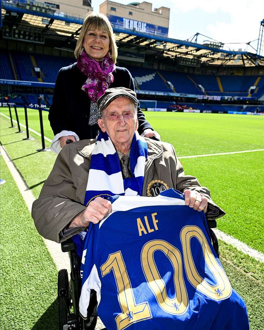 Alf Wells and Wendy Seddon at Stamford Bridge before Chelsea's 2-2 draw with Burnley on Saturday, March 30