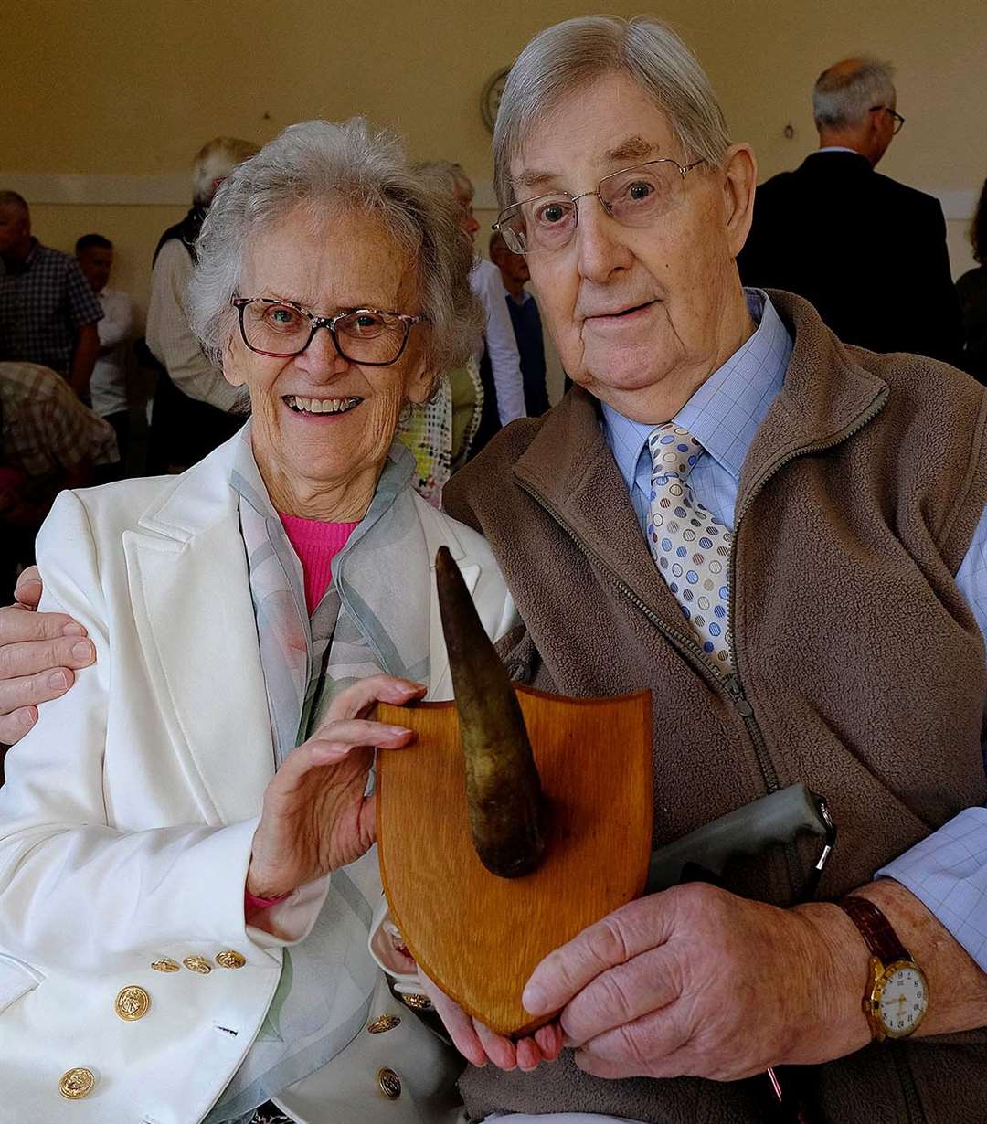 John and Pat Grover with the horn of the cow killed during a Nazi bombing raid