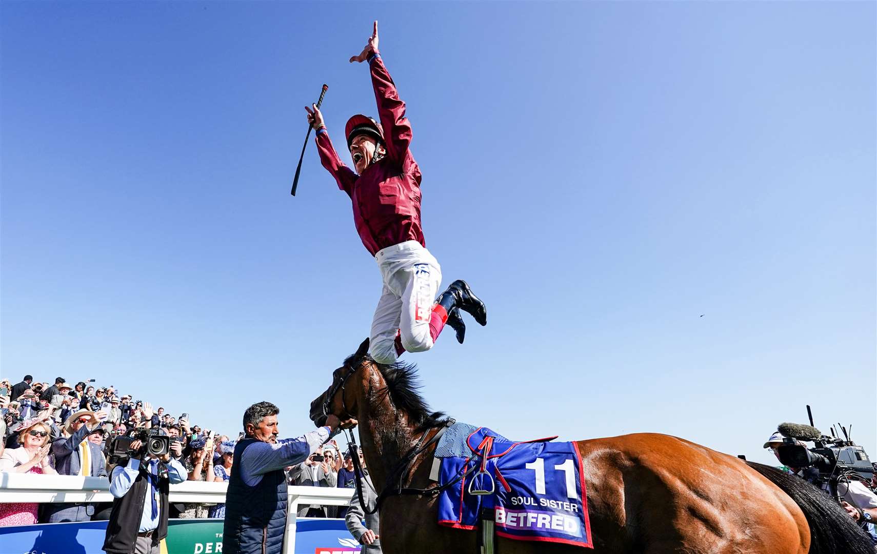 Frankie Dettori celebrates winning the Oaks with his trademark celebration. Picture by John Hoy