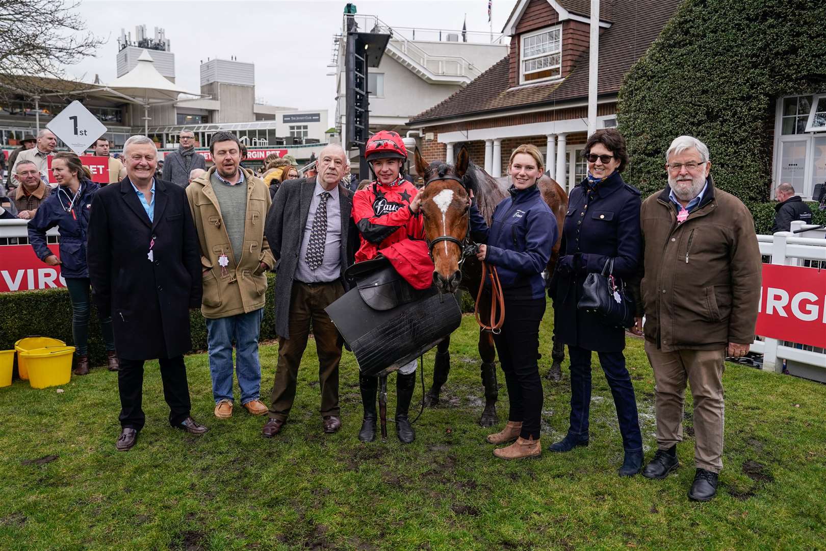 Jonbon and his connections after the Henry VIII Novices' Chase at Sandown. Pic: Megan Rose Photography/The Jockey Club