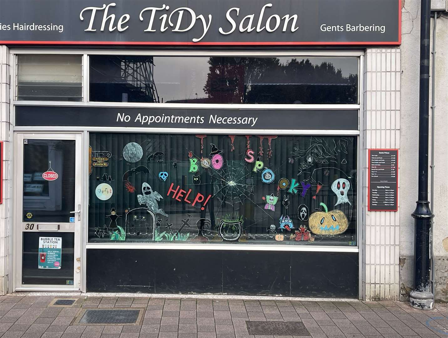 The Hallowe'en window at TiDY Salon in Bartholomew Street
