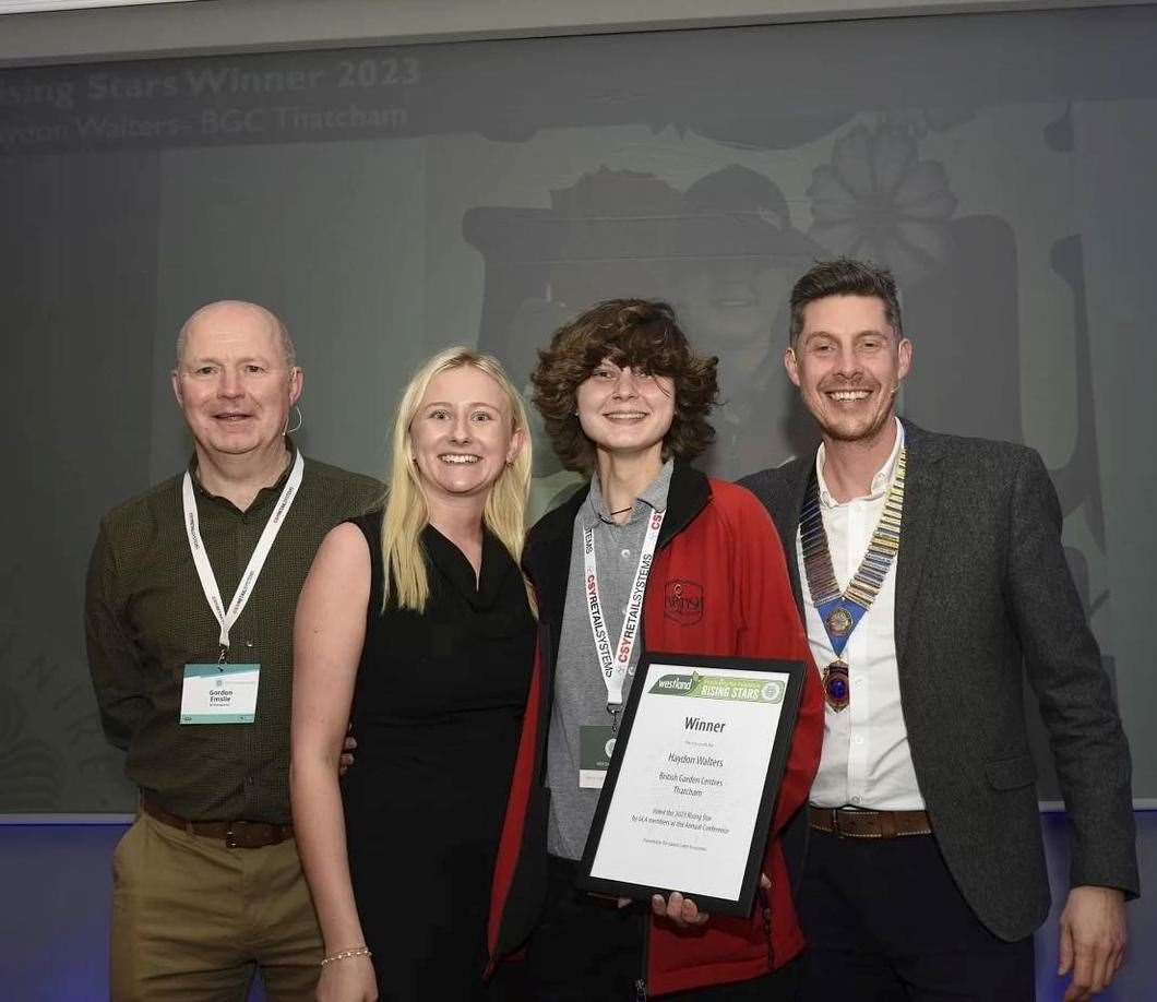 Hayden Walters with GCA course leader Gordon Emslie, Project and development manager at British Garden Centre Amy Stubbs and GCA chairman Will Blake