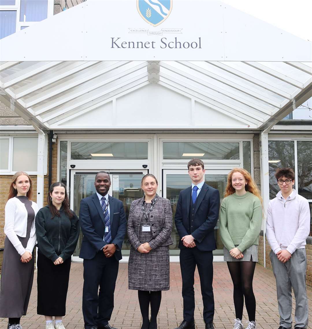 The new student leadership team with head of sixth form at Kennet School Ronnie Tamale and head teacher Grace Rigg, picture: Kennet School