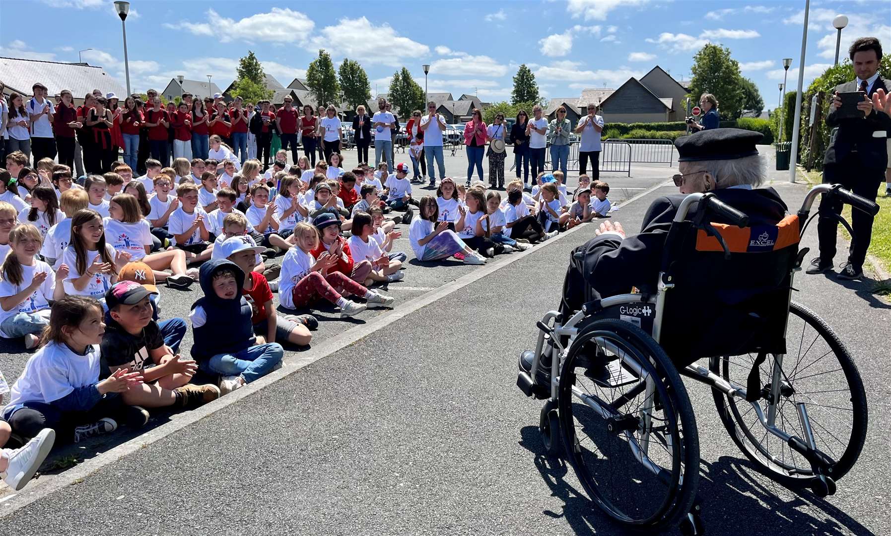 Cecil greeted by primary and secondary school pupils at the school in Creully named after him. Credit: Mirek Gosney