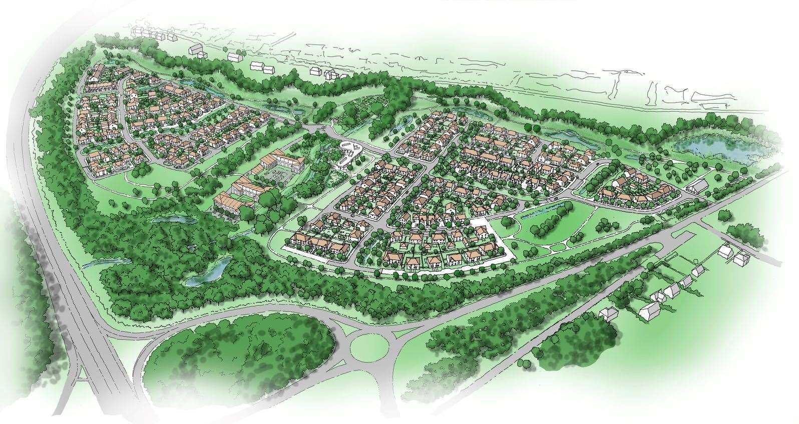 An aerial view of what Watermill Bridge will look like when built, credit: Bewley Homes