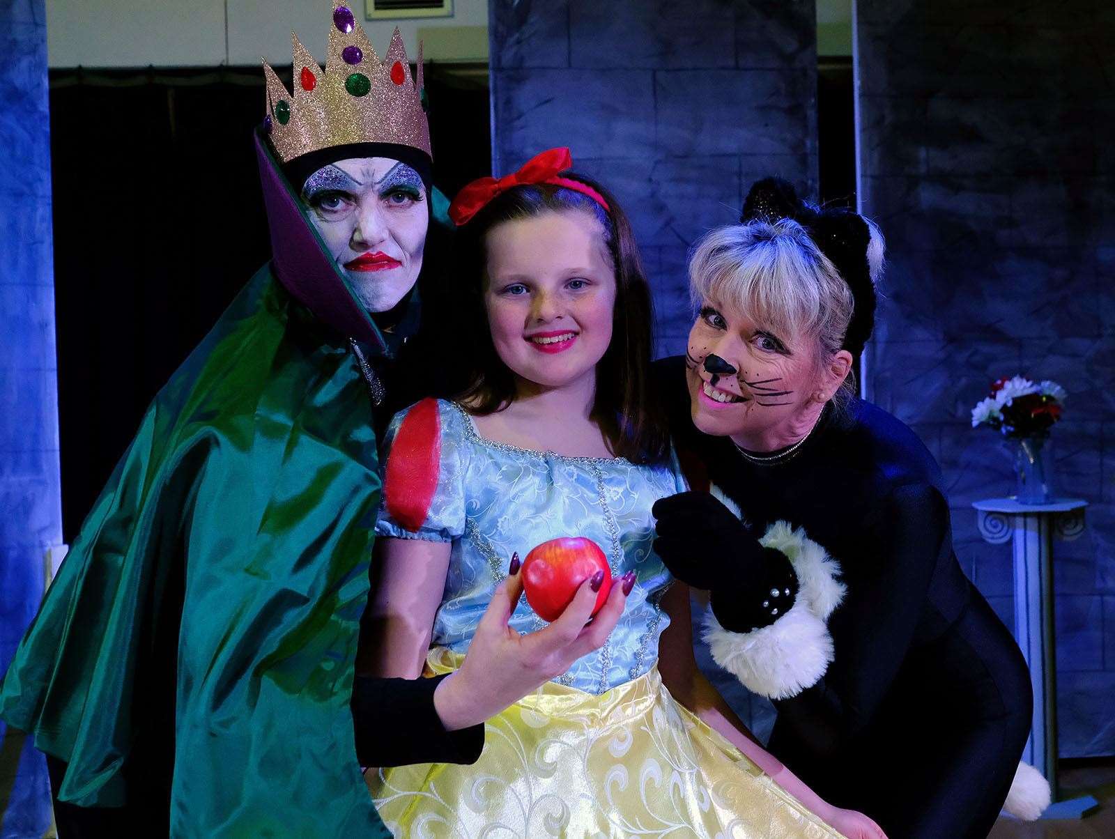 Paula Bryan as the Queen, Lily Goodman as Snow White, and Tanya Cleverley as Cat.