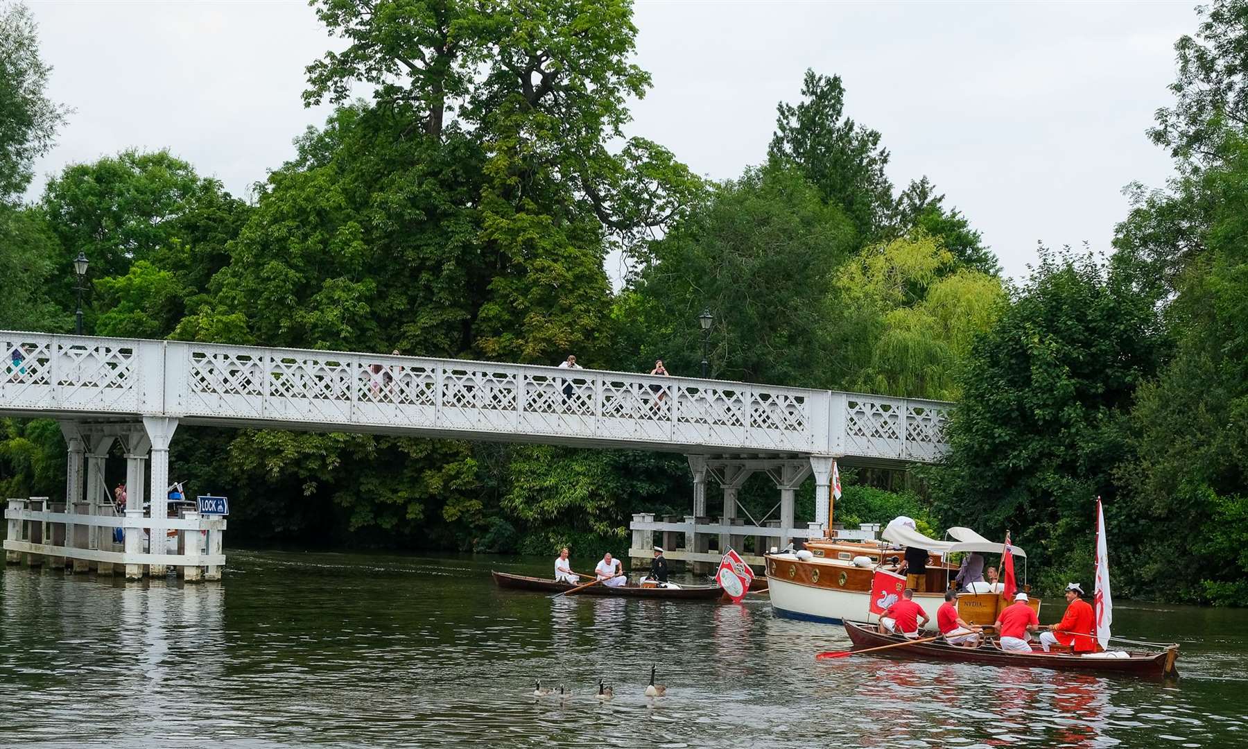 Swan Uppers going under Whitchurch Bridge
