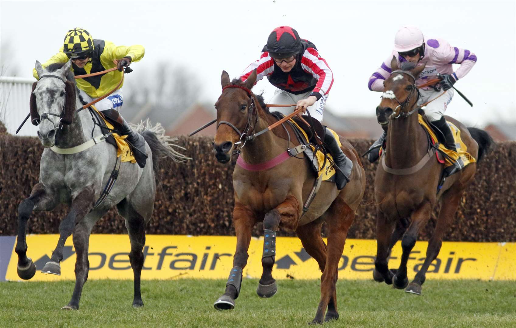Funambule Sivola (red) beats Elixir De Nutz (yellow) and Greaneteen (right) in the Betfair Exchange Game Spirit Chase for Venetia Williams. All pics: Steven Cargill