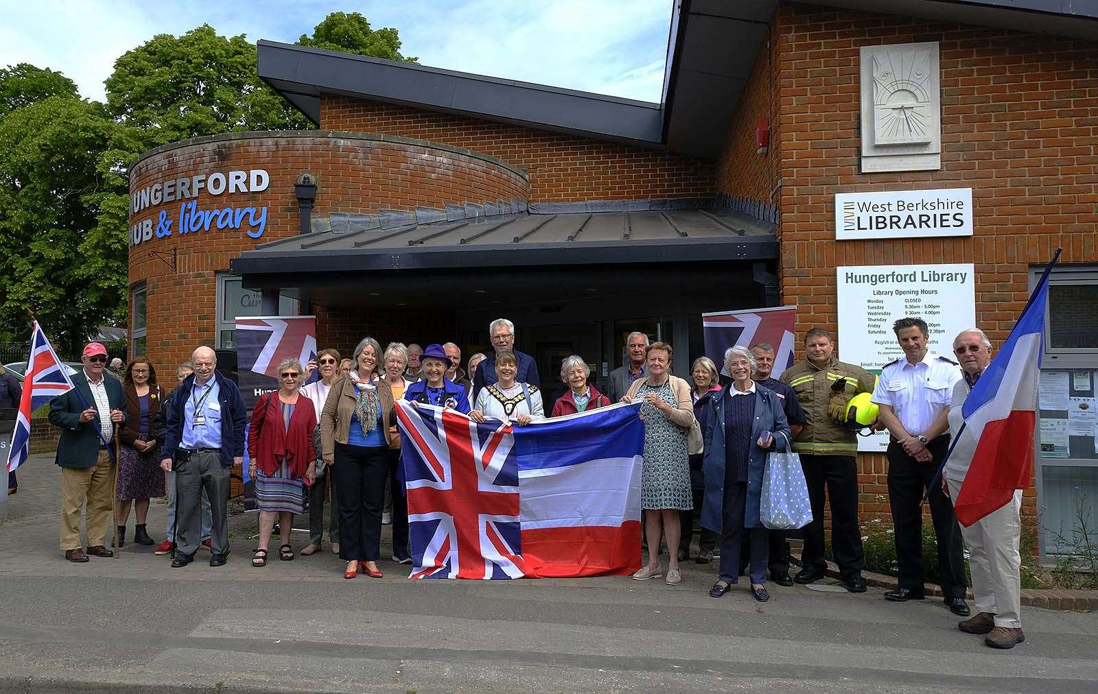 New Sun Dial after one on Fire Station donated by Twin Town was unrepairable! Unveiled by Jason Nash ( Firefighter) Mayor of Hungerford kissed nearly everyone there! (Covid Risk?). (57031130)