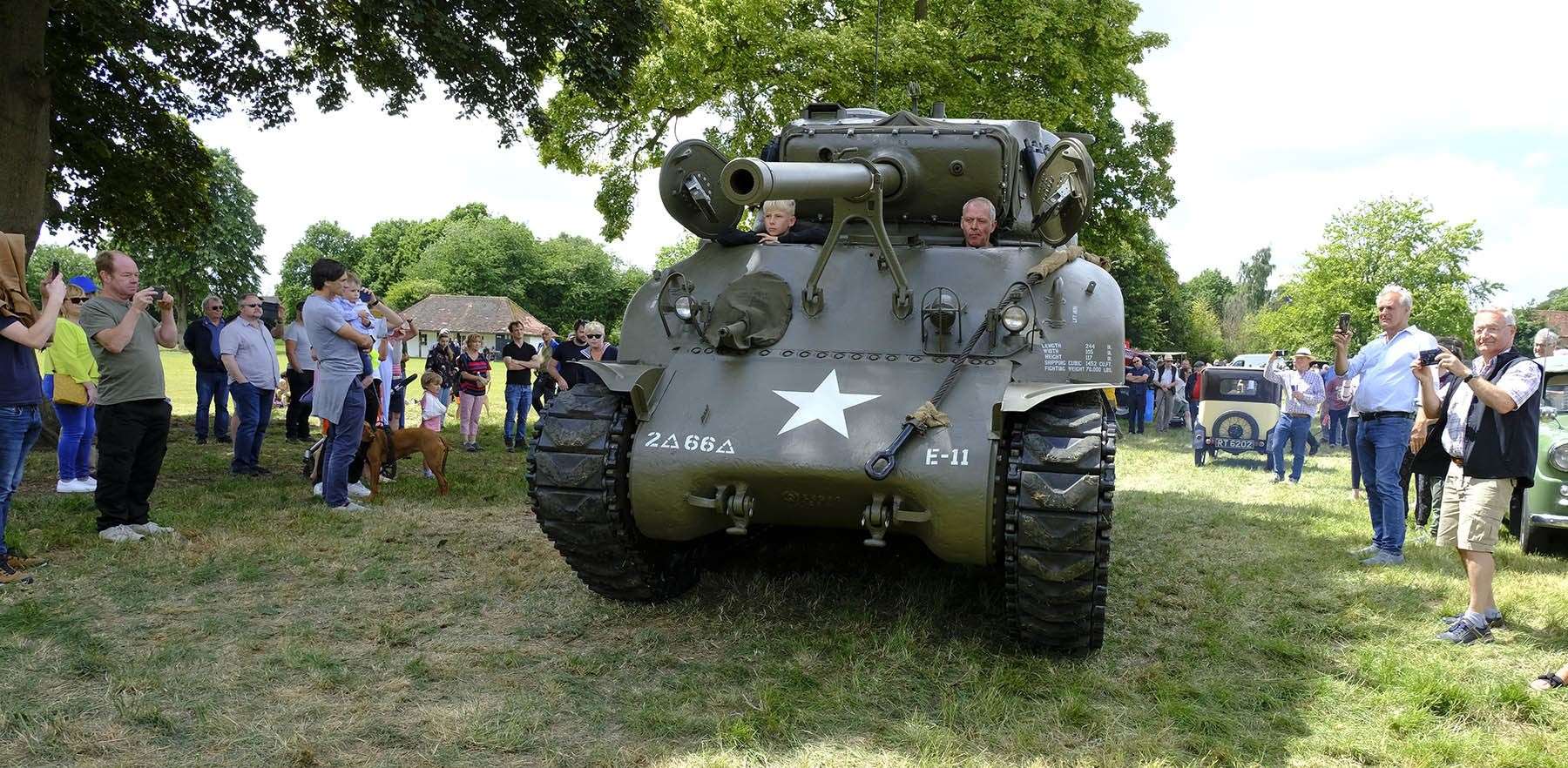The Sherman tank, which starred in the film Fury, makes its way home from Yattendon