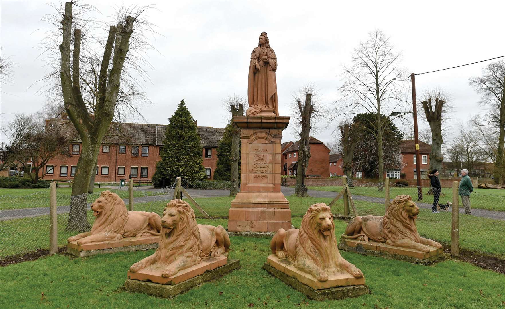Sanger commissioned a statue of Queen Victoria, guarded by four lions, modelled on one of his own big cats named Wallace. The statue was donated to his home town, and set on the spot in the Market Place once occupied by James Sanger’s market stall. It was later moved to the gardens of Greenham House, then restored to the town in 1966. However, two of the lions had gone, sold on, and in 2001 Martin Burton located them and brought them ‘home’, making up the original full ensemble in Victoria Park Ref: 05-0516A